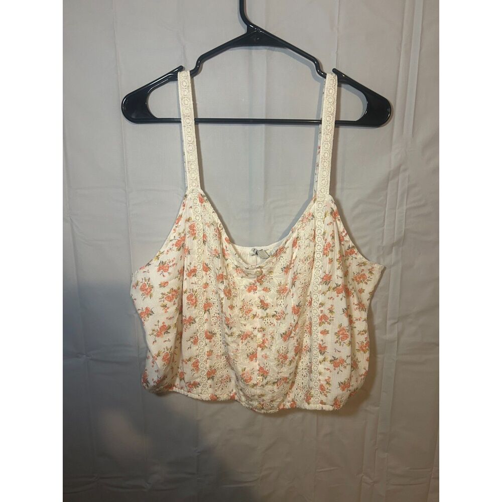 American Eagle Floral Eyelet Crop Top XXL Button Front Lace Strap Cami Boho